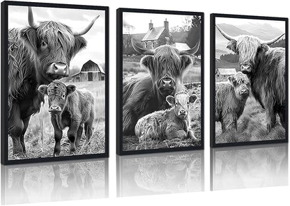Black White Vintage Highland Cow Framed Canvas Wall Art Farmhouse Highland Cow & Calf Poster for Kitchen Wall Decor Western Country Animals Print Artwork for Gallery Decoration 16x24inchx3pcs