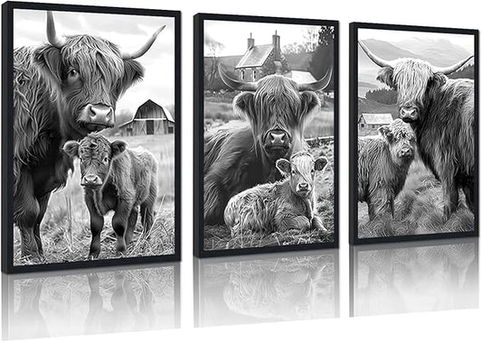 Black White Vintage Highland Cow Framed Canvas Wall Art Farmhouse Highland Cow & Calf Poster for Kitchen Wall Decor Western Country Animals Print Artwork for Gallery Decoration 16x24inchx3pcs