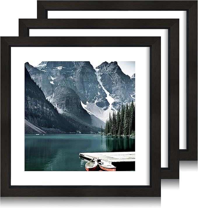 Hongkee 10x10 Black Picture Frames set of 3, Made of Wooden and Real Glass Square Photo frame - Displays 8x8 Picture With Mat or 10 x 10 Without Mat, Desktop & Wall Collage Frame set