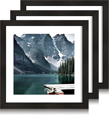 Hongkee 10x10 Black Picture Frames set of 3, Made of Wooden and Real Glass Square Photo frame - Displays 8x8 Picture With Mat or 10 x 10 Without Mat, Desktop & Wall Collage Frame set