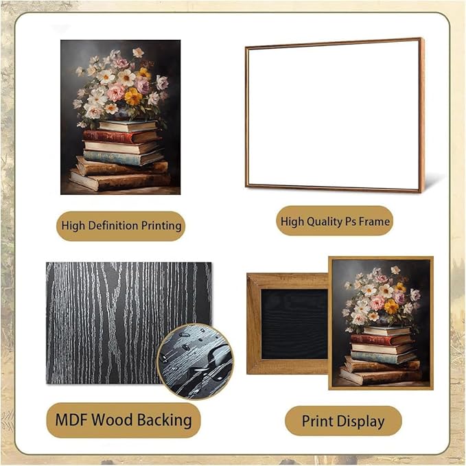Djmwtb Framed Wall Art Vintage Pictures Wall Decor Books Canvas Art Floral Paintings Prints Dark Academia Artwork for Library Study Room Classroom
