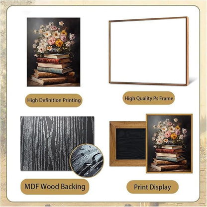Djmwtb Framed Wall Art Vintage Pictures Wall Decor Books Canvas Art Floral Paintings Prints Dark Academia Artwork for Library Study Room Classroom