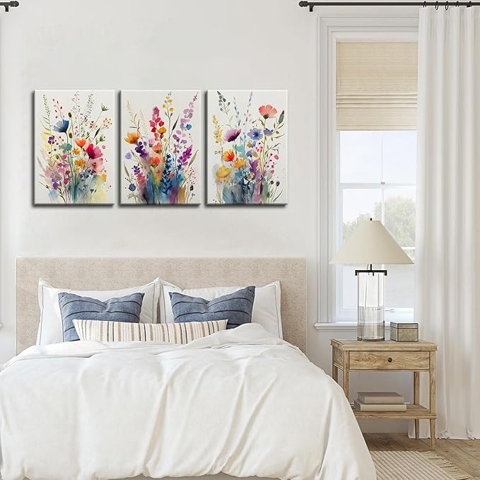 KISSFOX 3 Piece Colorful Flower Framed Wall Art Decor Watercolor Botanical Wildflower Pictures Paintings Wall Decor Modern Minimalist Floral Canvas Art Prints Artwork For Bedroom Living Room Bathroom