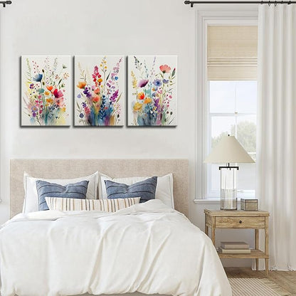 KISSFOX 3 Piece Colorful Flower Framed Wall Art Decor Watercolor Botanical Wildflower Pictures Paintings Wall Decor Modern Minimalist Floral Canvas Art Prints Artwork For Bedroom Living Room Bathroom