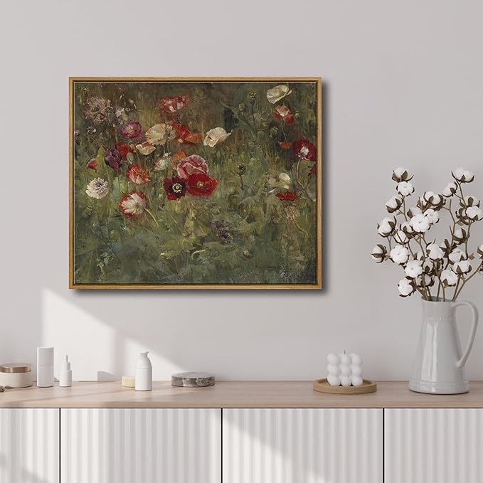 Pyradecor Vintage Wall Art Retro Large Framed Living Room Decor A Bed of Poppies Canvas Prints Classical Floral Painting for Bedroom Kitchen Farmhouse Office Decorations AH1110-5060NW