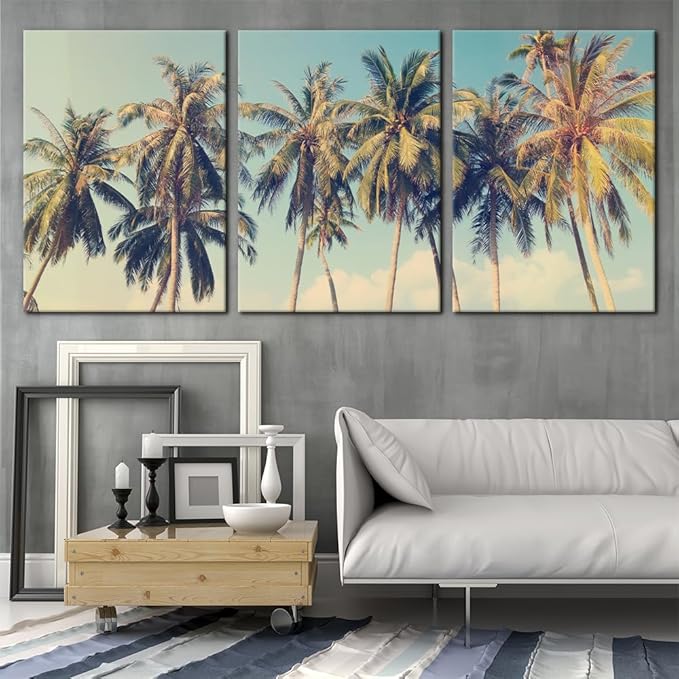 Pacimo Canvas Print Wall Art Set Row of California Palm Trees & Blue Sky Nature Wilderness Photography Realism Chic Scenic Seaside Landscape Pictures Giclee Artwork Stretched Framed - 20"x28"x3 Panels
