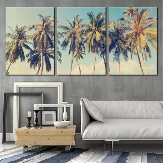 Pacimo Canvas Print Wall Art Set Row of California Palm Trees & Blue Sky Nature Wilderness Photography Realism Chic Scenic Seaside Landscape Pictures Giclee Artwork Stretched Framed - 20"x28"x3 Panels