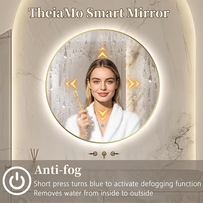 40" Round LED Bathroom Mirror, Wall Mounted Round Backlit Mirror LED Bathroom Vanity Mirror with Light Fog Free Circle Lighted Mirror with Shiny Gold Frame, Smart Light up Mirror 3-Color