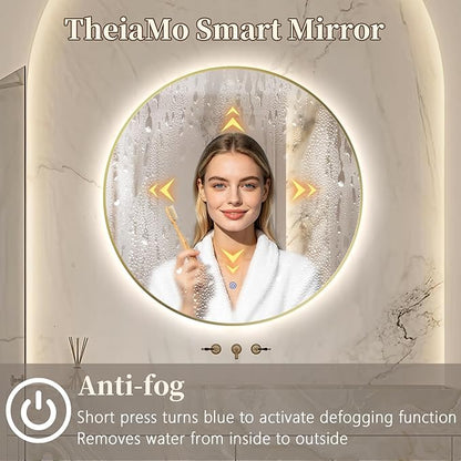40" Round LED Bathroom Mirror, Wall Mounted Round Backlit Mirror LED Bathroom Vanity Mirror with Light Fog Free Circle Lighted Mirror with Shiny Gold Frame, Smart Light up Mirror 3-Color