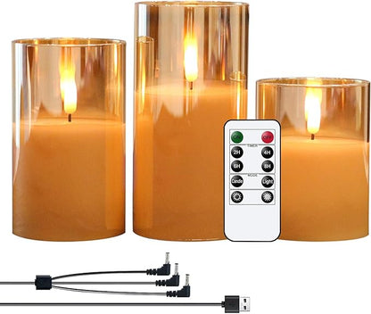 GenSwin Rechargeable LED Flameless Flickering Glass Candles with Remote Timer, Battery Operated Pillar Candles Long Lasting Gold Real Wax USB Candle (D 3”×H 4”5”6”)