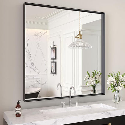 LOAAO Black Bathroom Mirror 30"X30" for Wall, Rectangle Bathroom Vanity Mirror, Tempered Glass, Hangs Vertically or Horizontally, Easy to Install, Modern Design