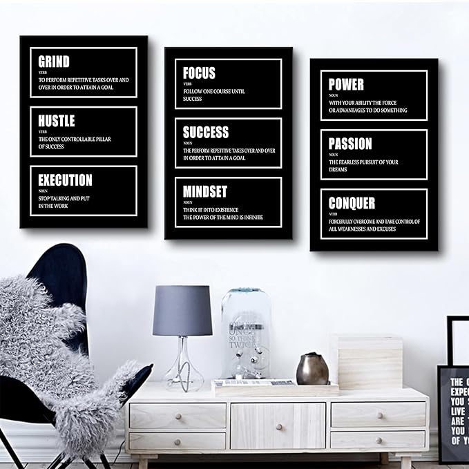 Motivational Wall Art 3 Pieces Black Canvas Posters Prints Inspiring Entrepreneur Quotes Framed Art Wall Decor Inspirational Quotes Wall Art Office Workplace Decoration Ready to Hang [48''W x 24''H]