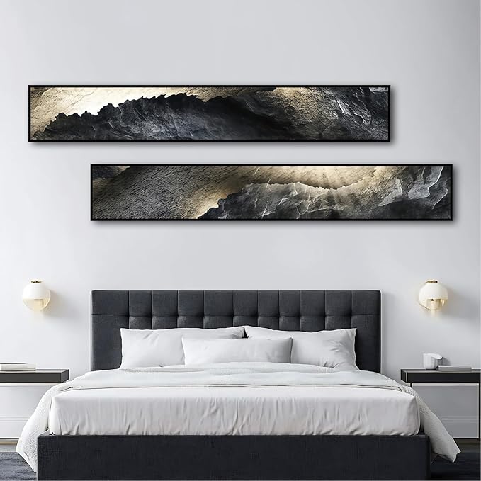 Large Framed Long Narrow Vertical Abstract Wall Art Set of 2, Premium Crystal Porcelain Canvas Prints, Dark Gray White Modern Design - Perfect for Entryway, Hallway, Living Room, Bedroom - 63x10 inch