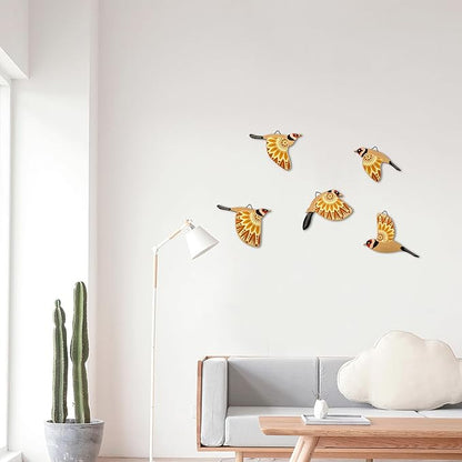 Vumyhuby 5 Pcs Yellow Wooden Bird Wall Art | Rustic Folk Art Wall Decor for Indoor Use | Handcrafted Wood Flying Birds Wall Hangings for Living Room, Bedroom, Kitchen, Office | Scandinavian Home Decor Gift