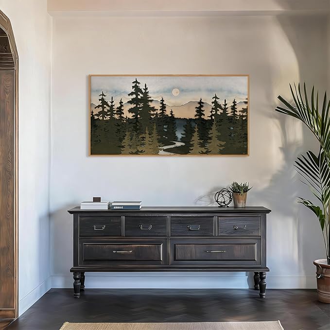 HPNIUB Woodcut Style Mountain Framed Wall Art Set,Vintage Pine Tree Wall Decor,Boho Sunset Nature Art Print,Wilderness Forest Artwork for Living Room, Bedroom,Dining Room,Office-20 x40