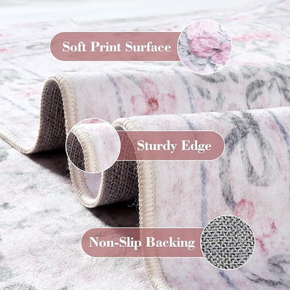 Wonnitar Floral Bow Pink Rug for Bedroom, Washable 5x7 Area Rug for Girls Nursery, Ultra-Thin Non Slip Soft Boho Carpet for Kids Room Dorm Living Room, Light Pink