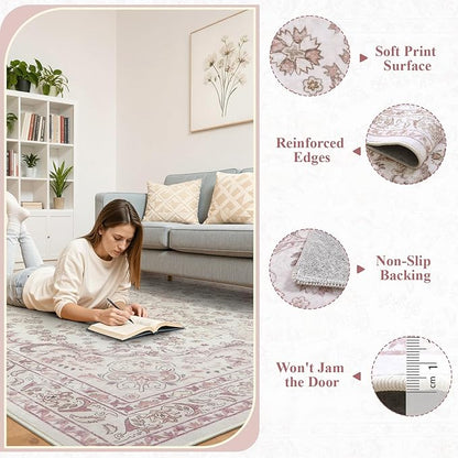 Wonnitar Vintage Floral Rugs for Bedroom Girls, 5x7 Washable Pink Nursery Rug for Baby, Ultra-Thin Non Slip Soft Medallion Carpet for Aesthetic Decor Toddler Kids Room Living Room