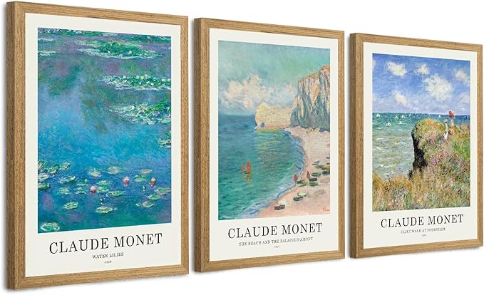 JLTULT 3 Piece Framed Vintage Claude Monet Canvas Wall Art, Impressionism Landscape Wall Decor, The Cliff Walk at Pourville Water Lilies Prints for Living Room Bedroom Office 12x16 in Easy to Hang