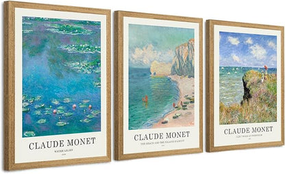 JLTULT 3 Piece Framed Vintage Claude Monet Canvas Wall Art, Impressionism Landscape Wall Decor, The Cliff Walk at Pourville Water Lilies Prints for Living Room Bedroom Office 12x16 in Easy to Hang