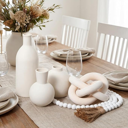 5 Pieces Country Style Ceramic Vase Set Table Centerpieces for Living Room 3 Pcs Bohemian Style Ceramic Vases with Wood Knot Chain Rings, Wooden Bead Garland Tassel Table Decor (White)