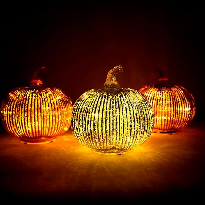 Mercury Glass Light Up Pumpkin with Timer, Fall Decoration for Home, Silver Halloween Festive Decor Lamp