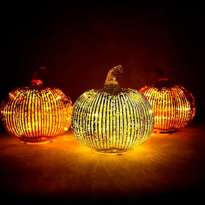 Mercury Glass Light Up Pumpkin with Timer, Fall Decoration for Home, Silver Halloween Festive Decor Lamp