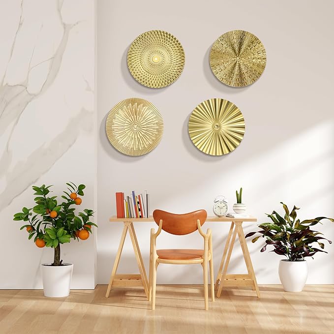 IANFAN 4 Pcs 12 Inch Metal Wall Art Decor Gold Sunburst Hanging Artwork Decor Modern Metal Wall Art Decorations for Home Living Room Bedroom Office Gift