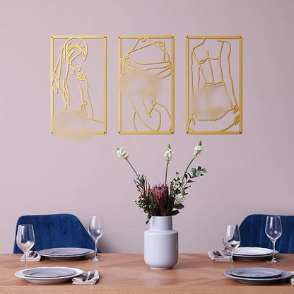 Peryiter 3 Pcs Modern Minimalist Wall Decor Abstract Metal Wall Art Metal Line Art Woman Body Artwork for Bedroom Bathroom Living Room(Gold)