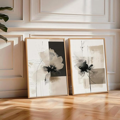 Modern Abstract Floral Wall Art Minimalist Neutral Canvas Painting Decor Beige Cream And Black Wall Art Contemporary Flower Picture Prints for Living Room Bedroom 12x16 Inch Unframed Set of 2