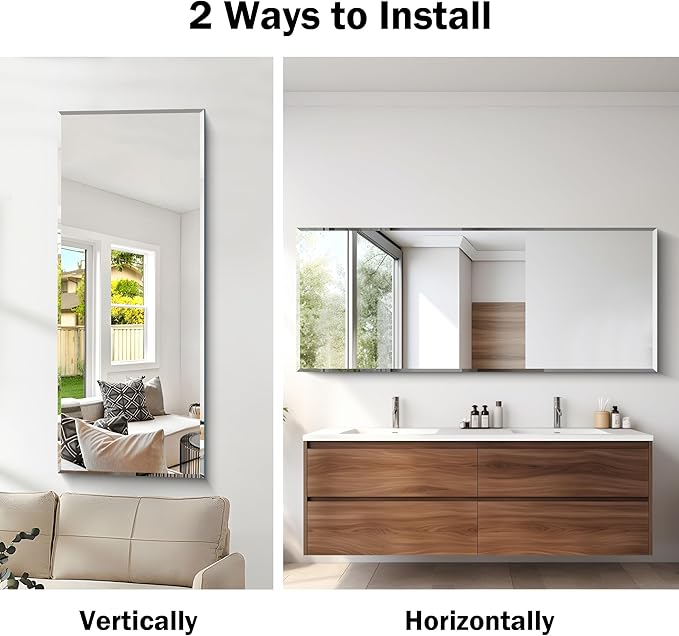 CILIBER Beveled Mirror, 24x60 Large Frameless Bathroom Mirrors for Wall, 3mm Tempered Glass Rectangle Vanity Mirror with Beveled Edge, Crystal-Clear, Hangs Horizontally or Vertically