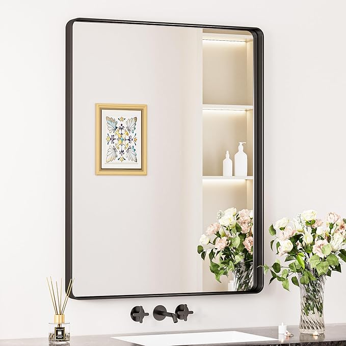 Keonjinn Black Bathroom Mirror for Over Sink, 28 x 36 Inch Rounded Rectangle Bathroom Vanity Mirror, Matte Black Sandblasted Finish, HD Tempered Glass, Wall Mirrors with Seamless Aluminum Alloy Frame