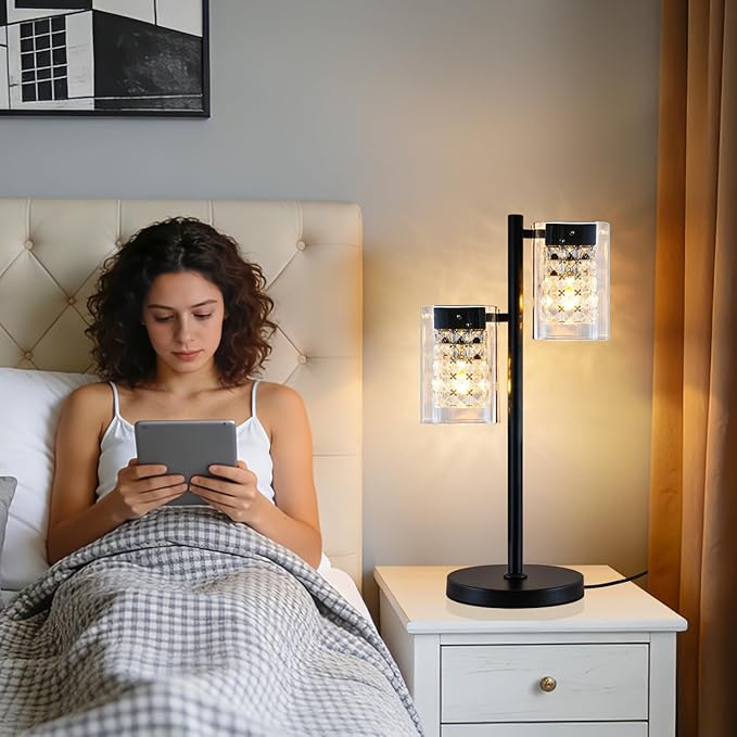 MantoLite Table Lamps with Clear Crystal Glass, Modern 2-Light Desk Lamps with Black Metal Base, Plug-in Bedside Lamp for Nightstands Bedroom, Office, Living Rooms