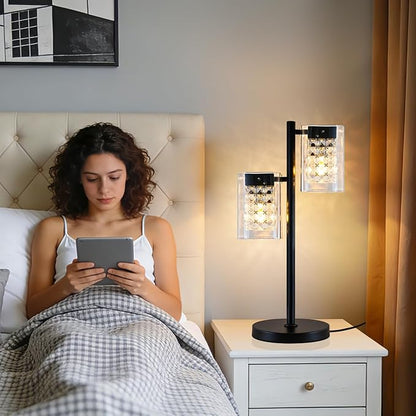 MantoLite Table Lamps with Clear Crystal Glass, Modern 2-Light Desk Lamps with Black Metal Base, Plug-in Bedside Lamp for Nightstands Bedroom, Office, Living Rooms