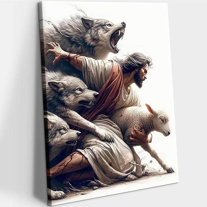 Jesus and Lamb Wall Art Jesus Saves the Lost Sheep Christian Picture Wall Decor Shepherd Protect a Lamb from Wolves Painting Poster Print Artwork for Living Room Bedroom Church Decor 12X16 in canvas