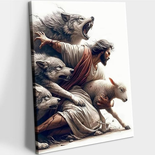 Jesus and Lamb Wall Art Jesus Saves the Lost Sheep Christian Picture Wall Decor Shepherd Protect a Lamb from Wolves Painting Poster Print Artwork for Living Room Bedroom Church Decor 8X10 in canvas
