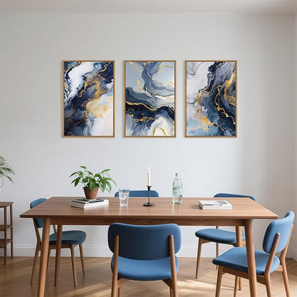 Navy Blue and Gold Framed Canvas Wall Art Set,Mid-Century Modern Abstract Wall Decor,Navy Blue Ink Wash Painting,Neutral Art Print for Living Room,Bedroom,Dining Room,Office-16 x24 x3