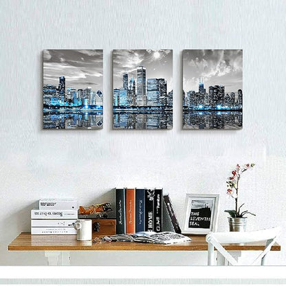 SERIMINO Chicago Skyline Wall Art for Living Room, Modern City Pictures Canvas Wall Decor for Office Bedroom 3 Pieces Set Night Scene Prints Paintings for Home 12"X16"