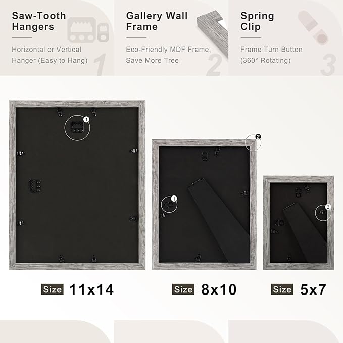 Frametory, Gallery Wall Frame Set of 7 Multiple Sizes 11x14, 8x10, 5x7 Picture Frame Collage with White Mat for Prints, with Real Glass (Grey)