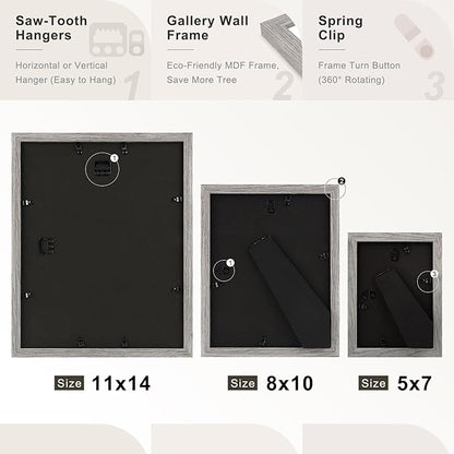 Frametory, Gallery Wall Frame Set of 7 Multiple Sizes 11x14, 8x10, 5x7 Picture Frame Collage with White Mat for Prints, with Real Glass (Grey)