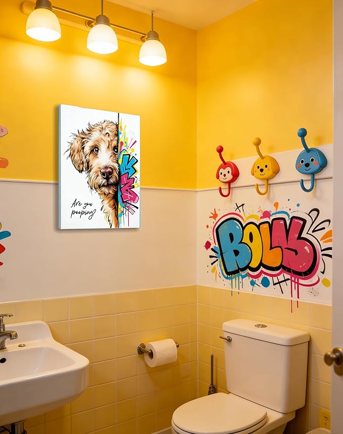 12x16“ Funny Goldendoodle Dog Bathroom Wall Art, Are You Pooping? Graffiti Pet Canvas Print, Humorous Restroom Poster Decor for Bathroom Toilet, Modern Pop Art Dog Lover Picture (Framed)