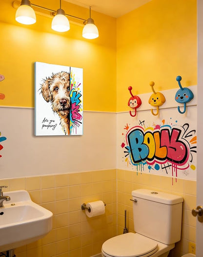 12x16“ Funny Goldendoodle Dog Bathroom Wall Art, Are You Pooping? Graffiti Pet Canvas Print, Humorous Restroom Poster Decor for Bathroom Toilet, Modern Pop Art Dog Lover Picture (Framed)