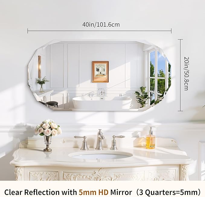 GLASHOM Frameless Bathroom Mirror, 20" x 40" Beveled Oval Wall Mirror for Over Sink, 20 Inch Modern Decorative Vanity Mirror for Bedroom, Living Room, Entryway, Hanging Mirror Horizontal or Vertical