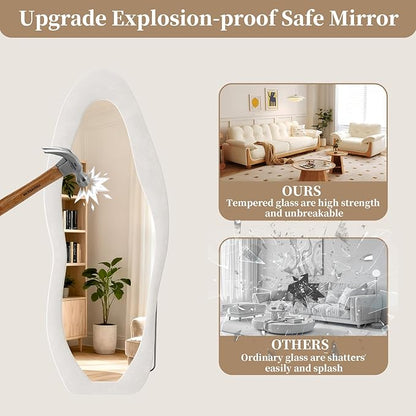 Full Length Mirror, 63"x24" Full Body Mirrors, Flannel Floor Mirrors with Stand, Irregular Wavy Mirror Hanging or Leaning Against Wall for Bedroom Living Room, Beige