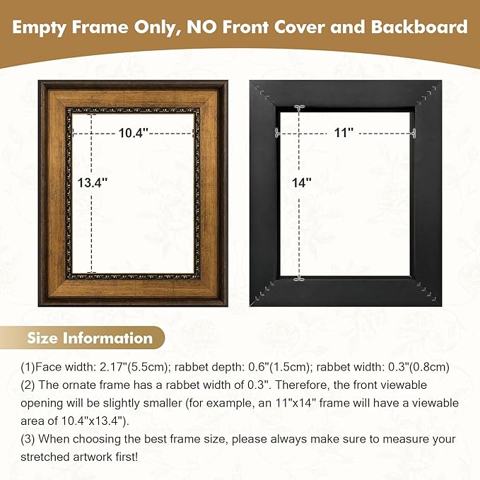 Antique Frame for 8x10 Canvas Paintings, No Front & Back, 2.2" Wide Vintage Picture Frames For Baroque Victorian Wall Art Prints Class Artwork Designer, Home Office Gallery Decor (Bronze Gold)