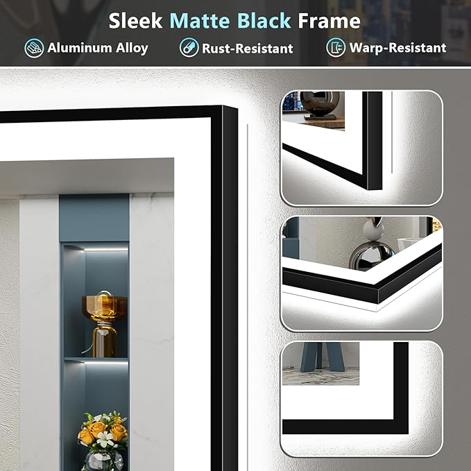 36x36 Black Framed LED Bathroom Mirror with Lights, Backlit and Front Lit Anti-Fog Lighted Vanity Mirrors for Bathroom Wall, Dimmable, 3 Colors, Memory, HD Tempered Glass, Horizontal/Vertical