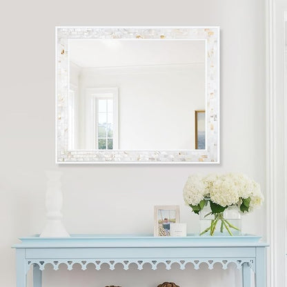 Tanmicoshomy 30 x 36 Inch White Bathroom Mirror, Natural Shell Framed Rectangle Mirrors with Tempered for Bathroom Bedroom, Living Room, Wall Mounted Horizontal or Vertical Hanging