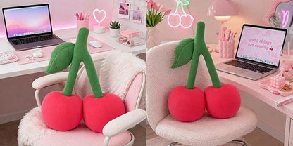 Cherry Pillow for Preppy Room Decor –17x14 In 3D Decorative Cherry Throw Pillow in Luxe Velvet –Shape Hold Fill Fruit Cushion with Sculpted Stem & Embroidered Leaf for Sofa & Aesthetic Home Decor Pink