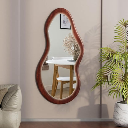 48"x 24" LED Wood Full Length Mirror with Lights Irregular Wavy Full Body Mirror Shatter-Proof Hanging/Leaning Wall Mounted Walnut Wooden Framed for Dressing Bedroom Living Room