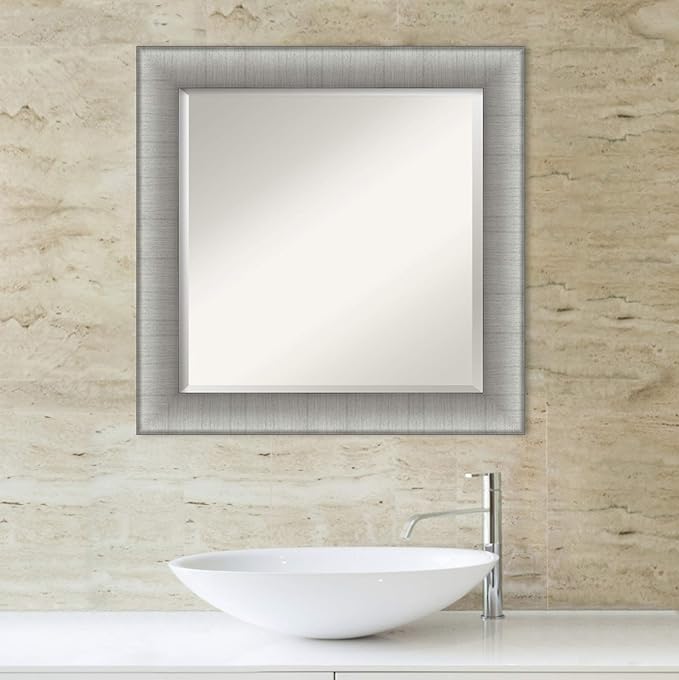 Amanti Art Silver Bathroom Mirror for Over Sink, 25x25 Elegant Brushed Pewter Square Vanity Mirror, Medium Casual Frame, Hangs Horizonally and Vertically, Bathroom Wall Decor, Beveled Edge