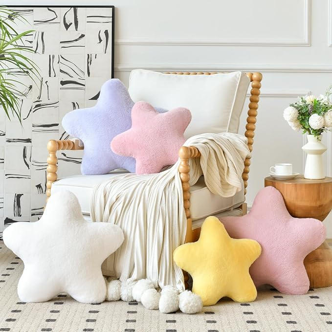 Star Pillow, Decorative Throw Pillows for Bed Couch, 19.6" Star Shaped Pillow Plush Floor Cushions Room Decor Pillow with Soft Faux Rabbit Fur for Sofa Bedroom Living Room